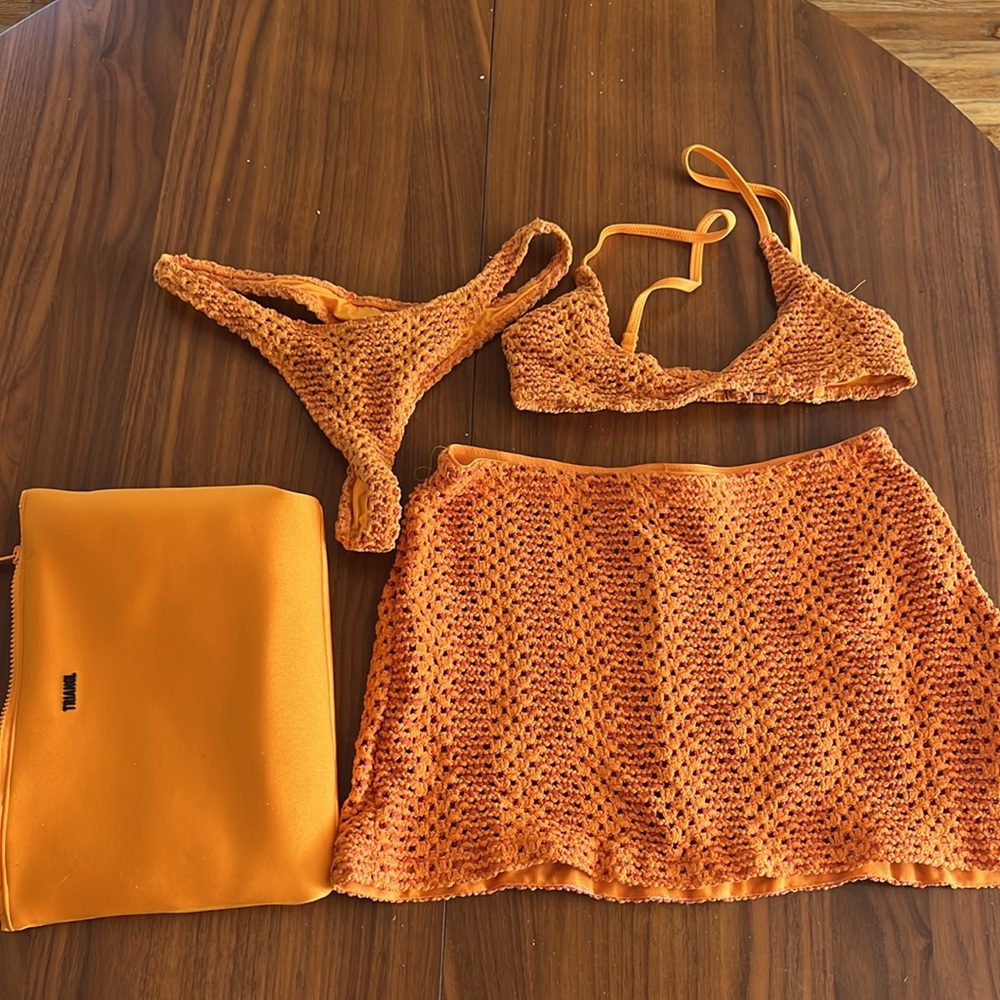 triangl swim 3 piece set in orange crochet size M